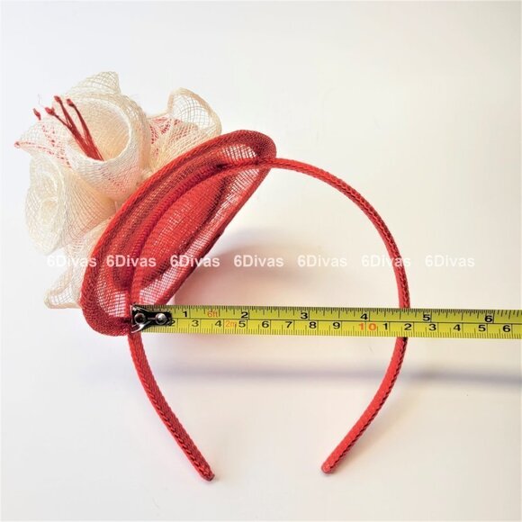 Red Top Hat Fascinator with Cream colored Feathers and Rosettes on Headband - Picture 10 of 14
